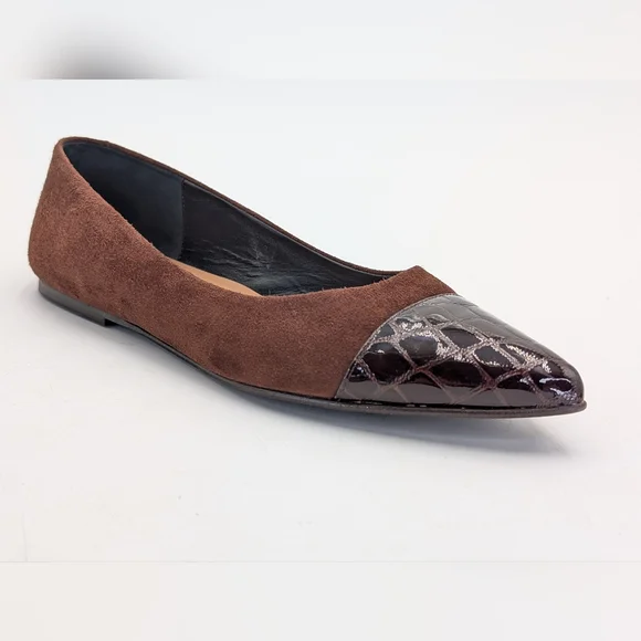 Flattered Studio Sz 6 Luxurious Suede & Croc-Embossed Brown Pointed Ballet Flats - Picture 7 of 17